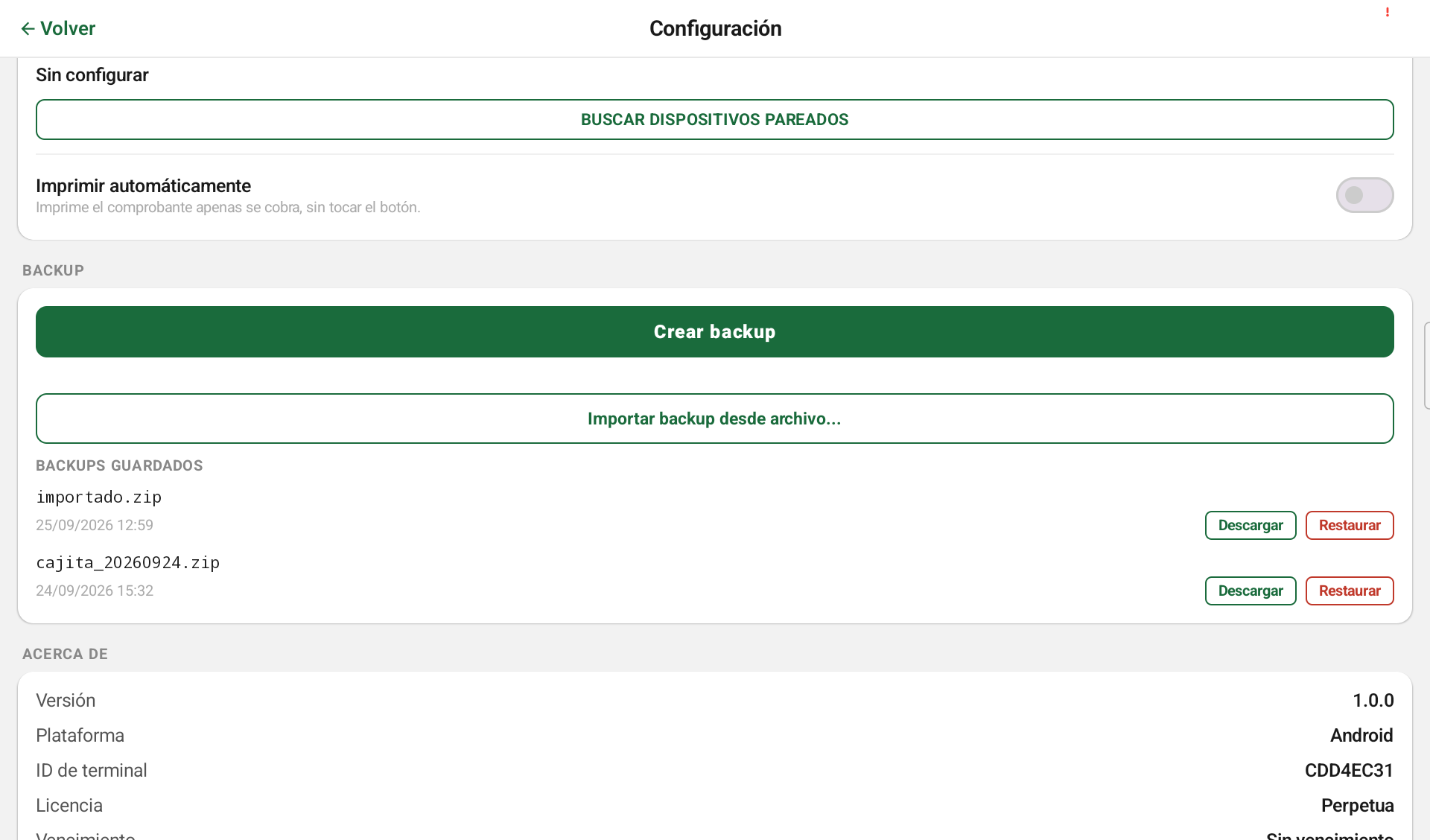Pantalla de backup en Configuración de Cajita POS