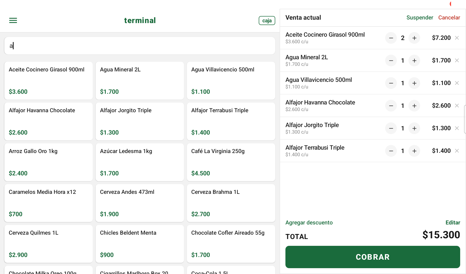 Terminal de ventas Cajita POS en una tablet Android