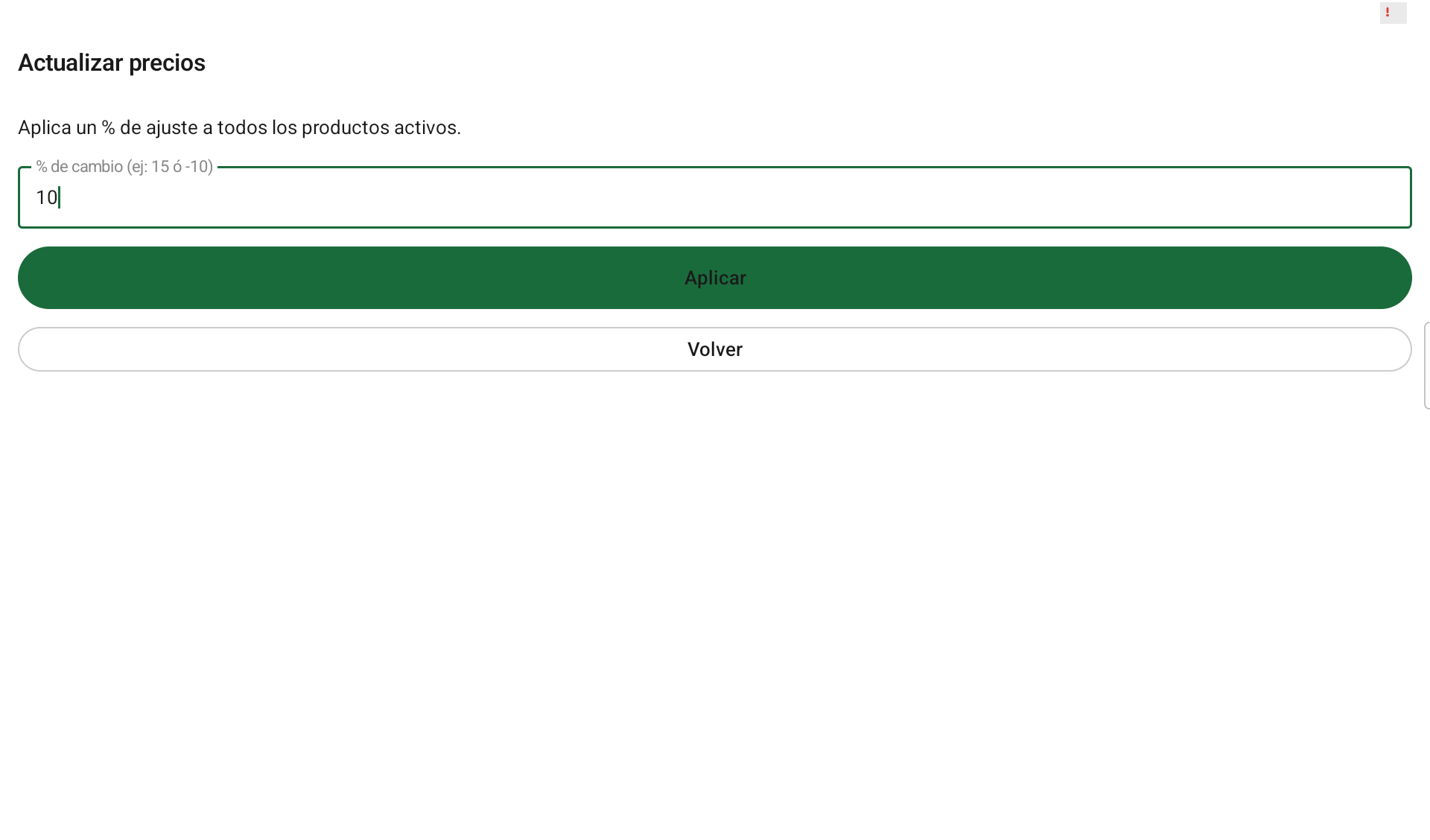 Pantalla de actualización masiva de precios en Cajita POS