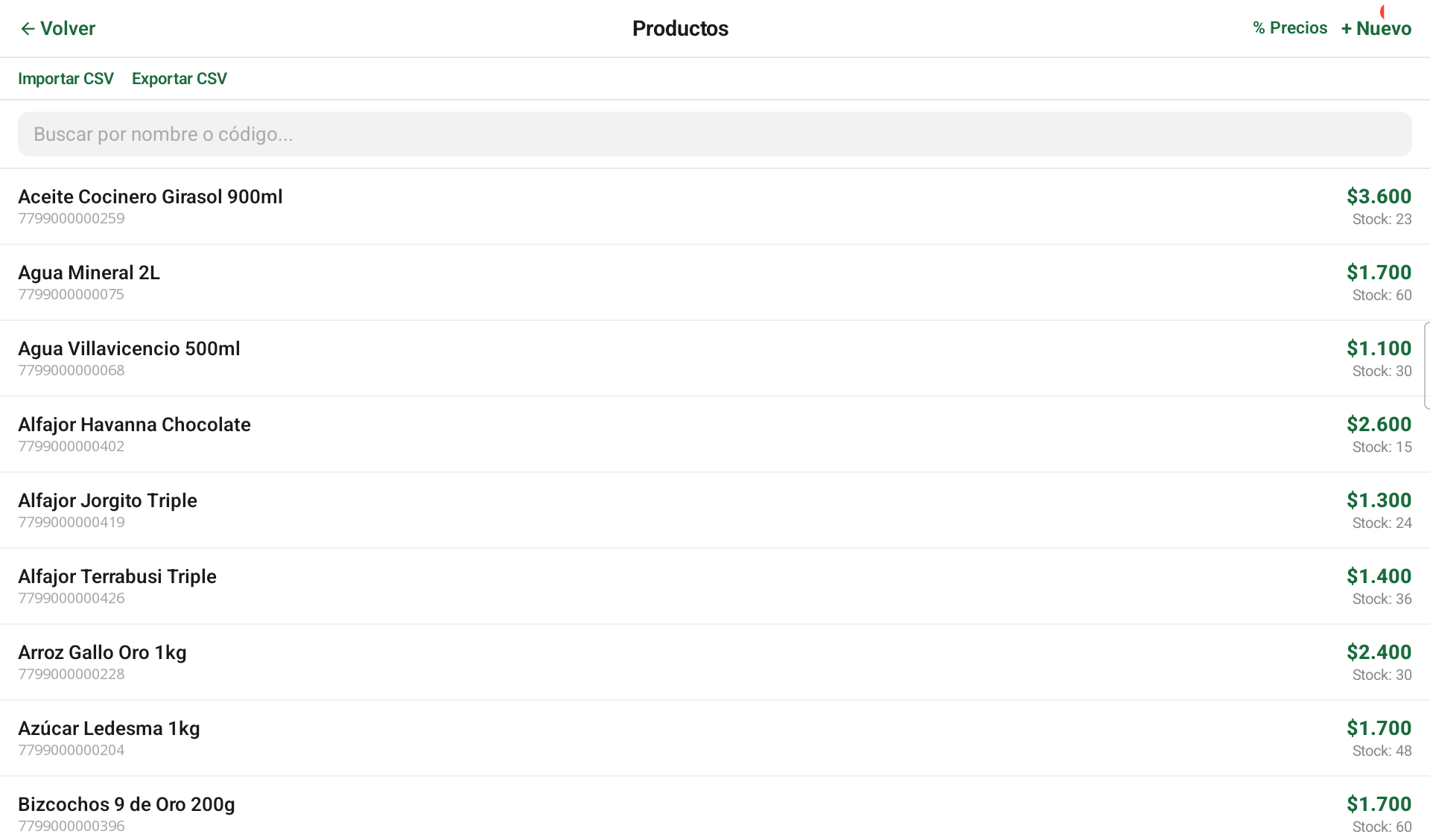 Listado de productos en Cajita POS